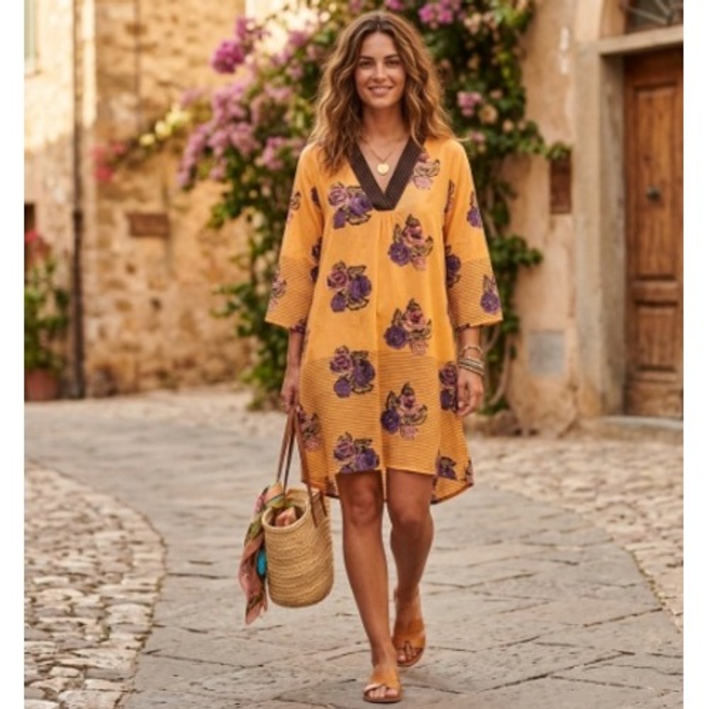 Lisa Corti Milano Hand Block Print Floral Tunic Dress Orange Purple Boho L